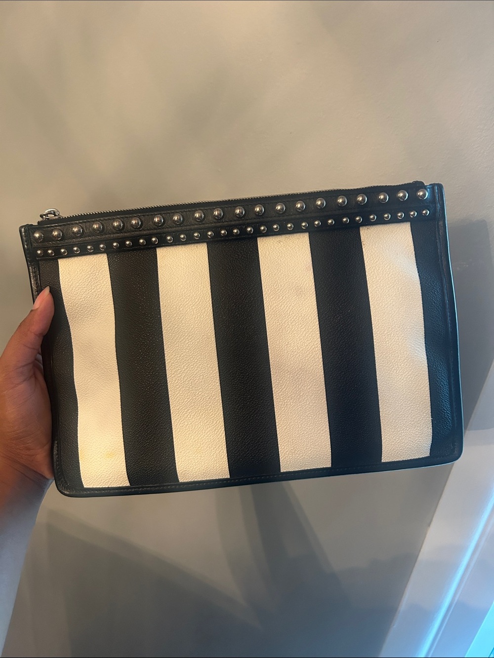 Vintage Givenchy Black & White Striped Leather Clutch with Stud Trim